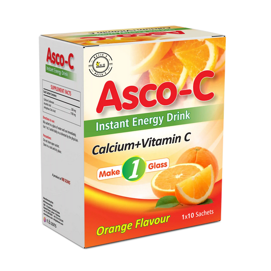 Asco-C instant energy drink with orange flavor, enriched with calcium and vitamin C; makes one glass.