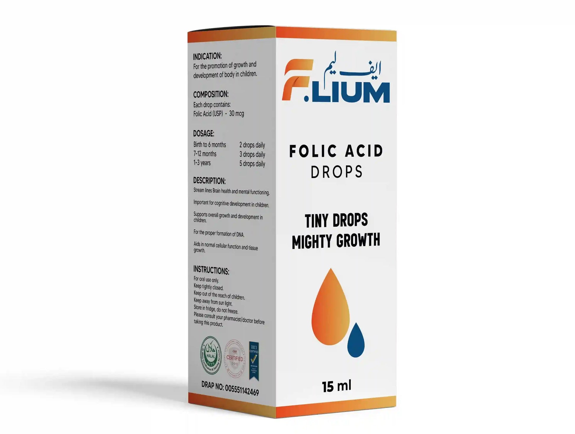 "NB Sons F. LIUM Folic Acid Drops, Tiny Drops Mighty Growth."

