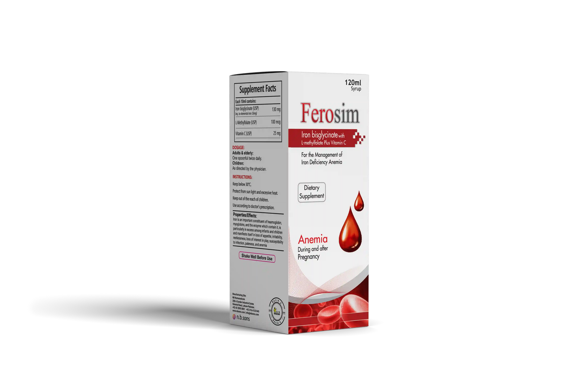 Ferosim syrup by NB Sons, iron bisglycinate and L-methylfolate for pregnancy anemia