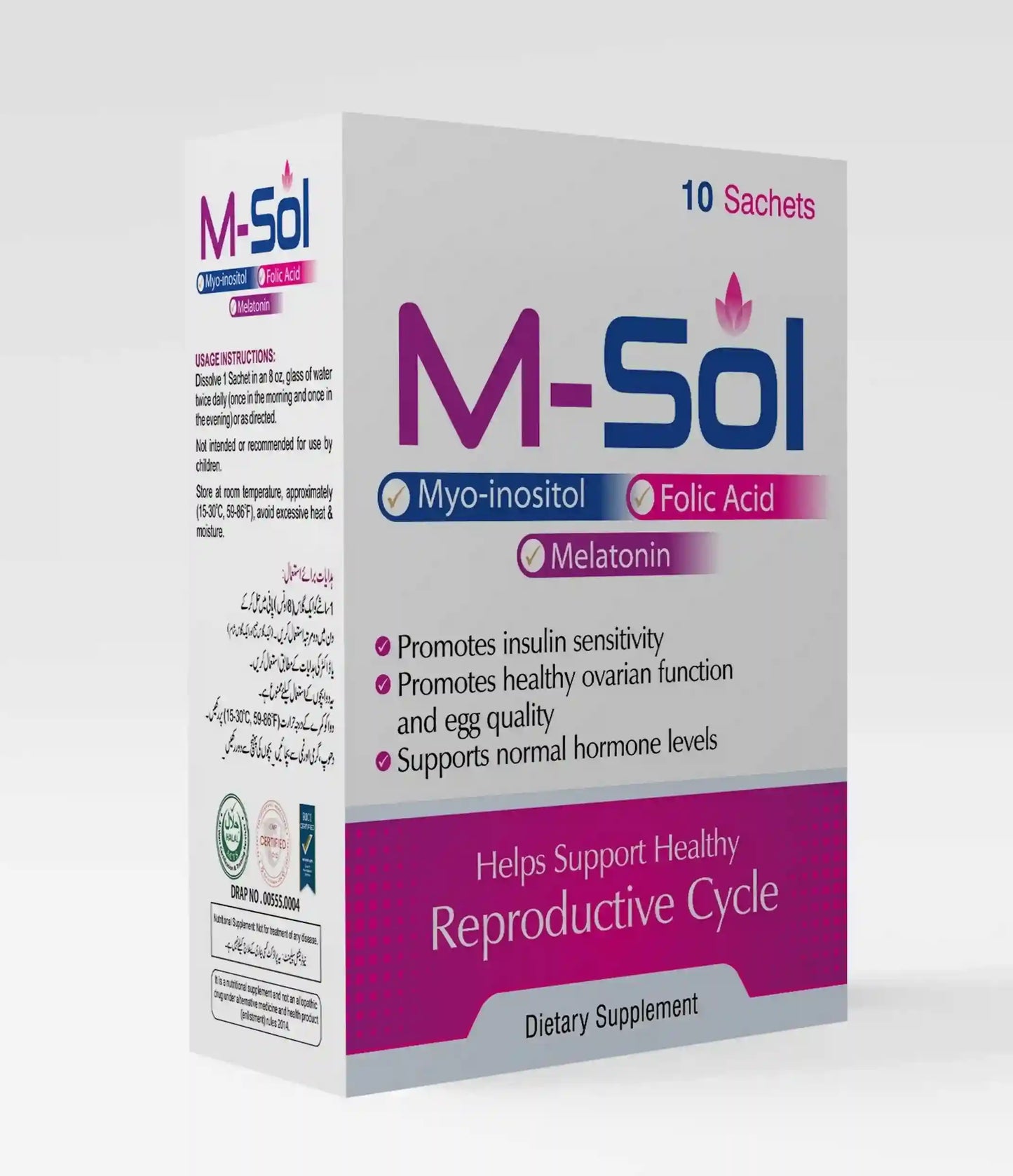 "M-Sol dietary supplements for healthy ovarian function, Myo-inositol, Folic Acid, Melatonin, Pakistan