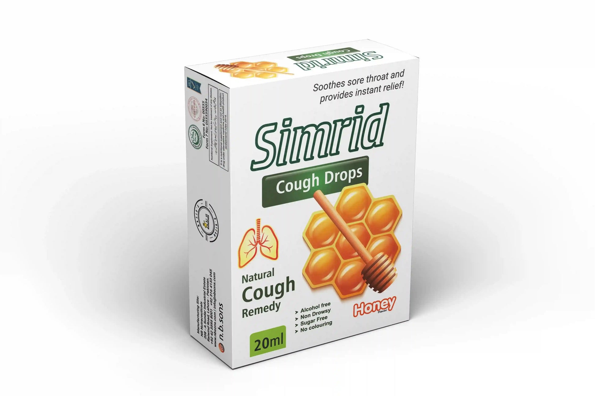 Simrid Cough Syrup: Natural honey-flavored remedy, relieves coughing, liquefies mucous, Pakistan