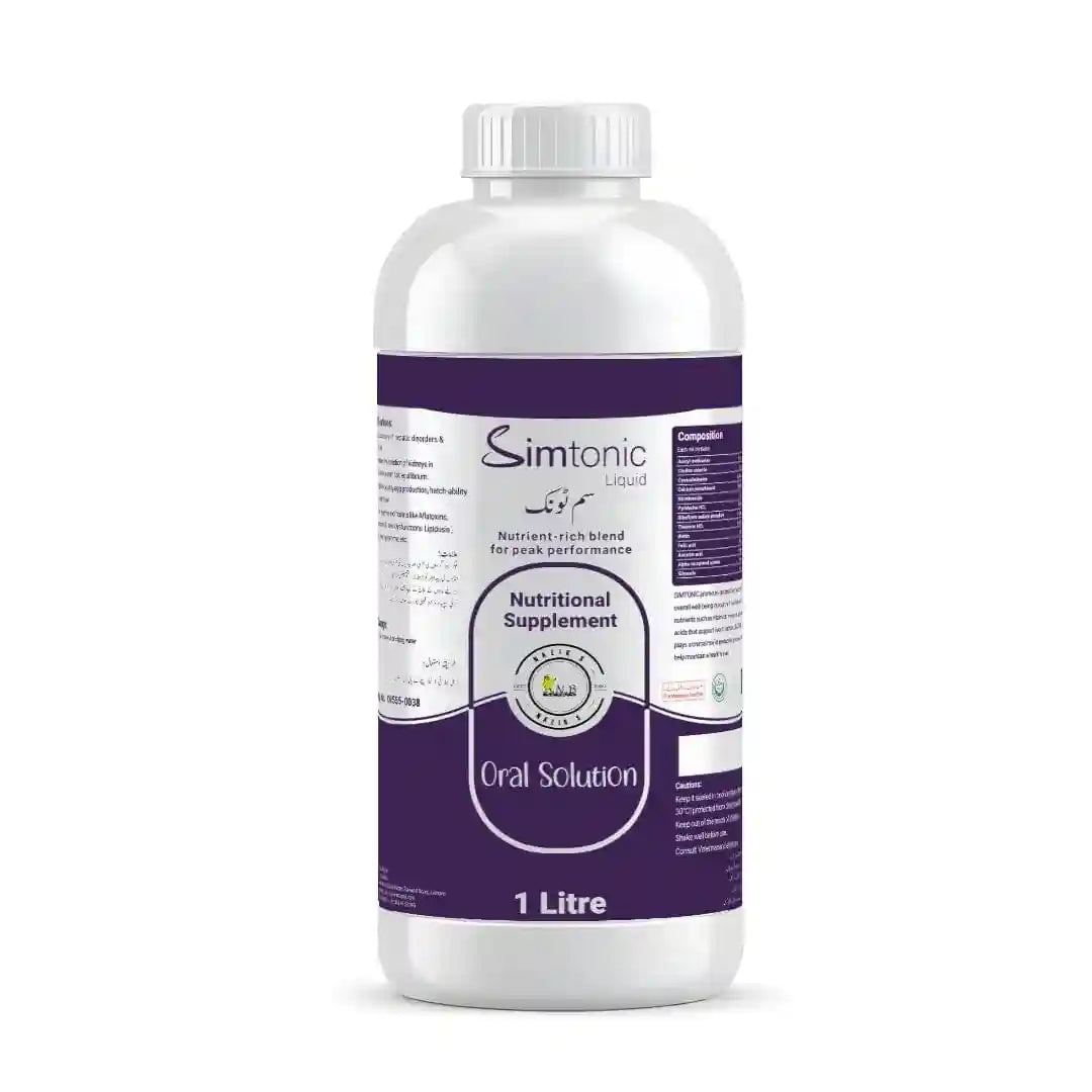 Simtonic Liquid: Nutrient-rich blend for peak performance, 1 liter oral solution, made in Pakistan.