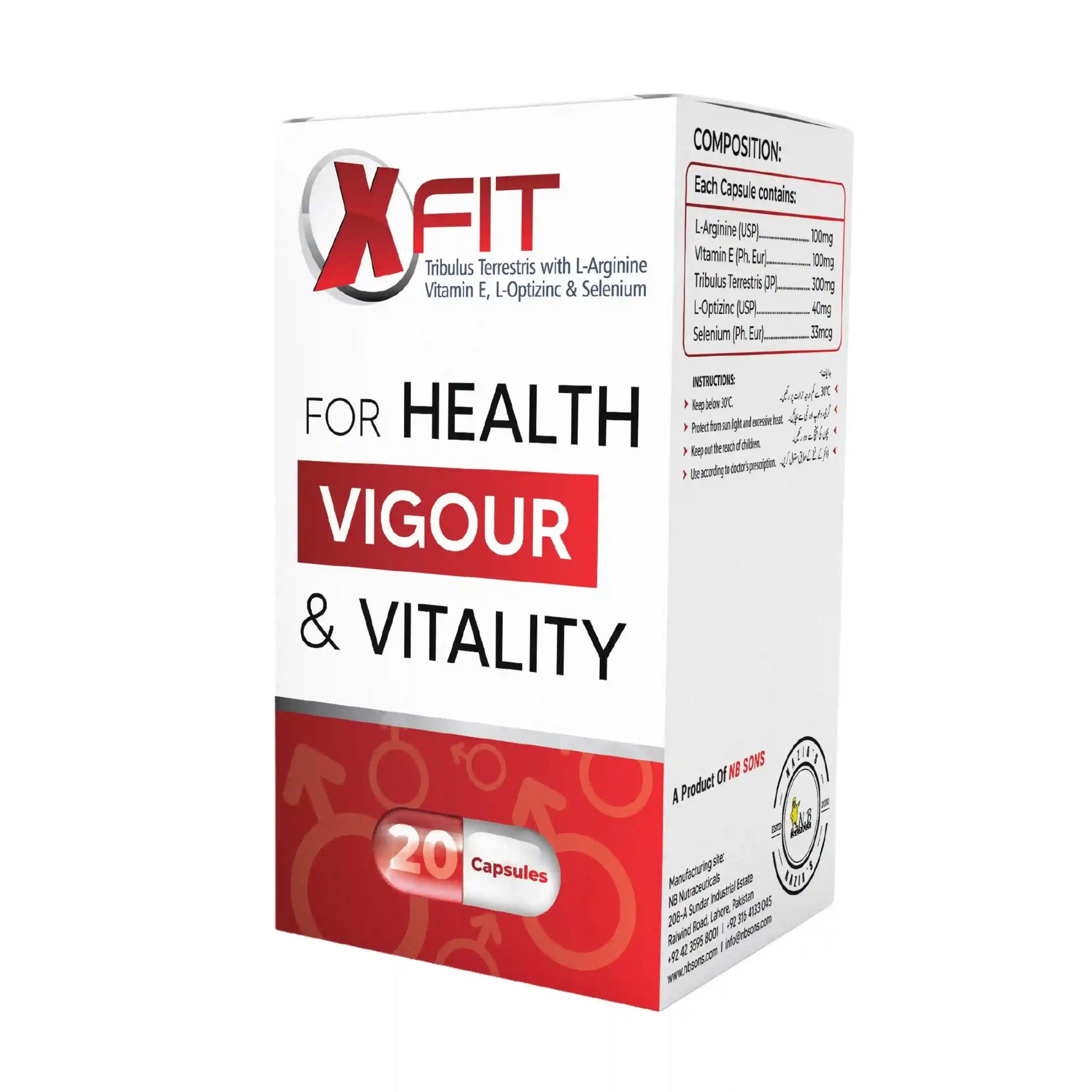 XFit supplement by NB Sons for health, vigour, vitality; features Tribulus, L-Arginine, and Selenium.