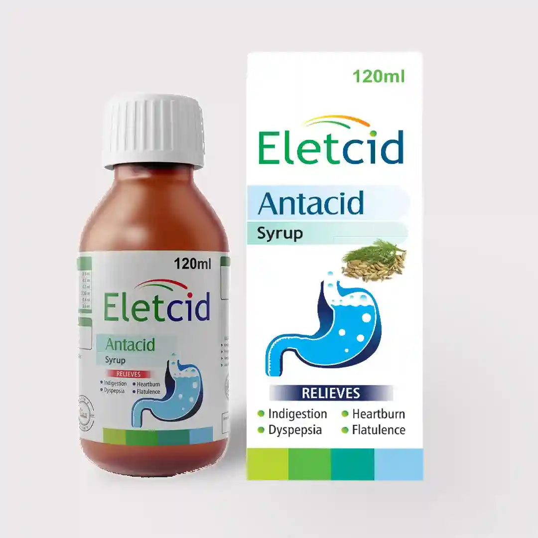 Pakistan-made Eletcid: Antacid syrup relieving indigestion, dyspepsia, and heartburn."