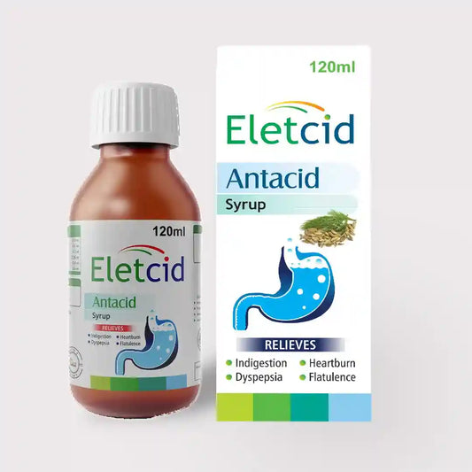 Pakistan-made Eletcid: Antacid syrup relieving indigestion, dyspepsia, and heartburn."