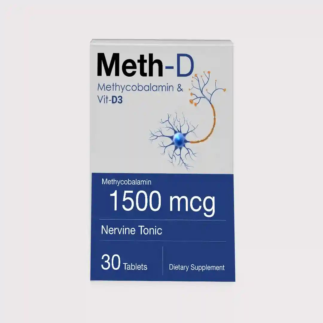 Meth-D: Nervine tonic with Methylcobalamin 1500 mcg, Vitamin D3, dietary supplement, made in Pakistan